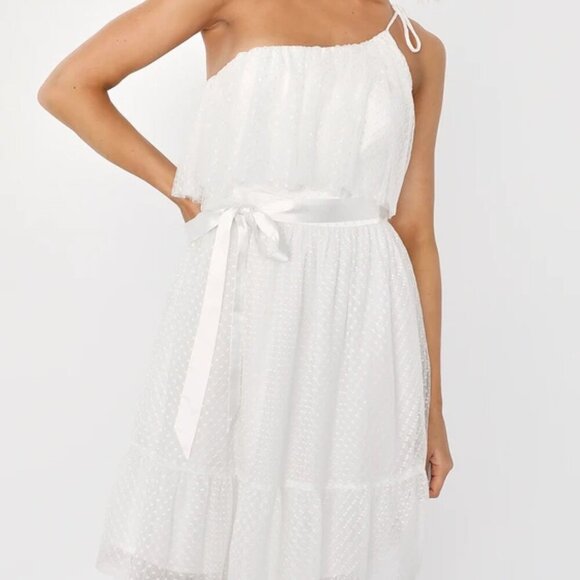 NWT Lulus Adorable Event White Mesh One-Shoulder Swiss Dot Mini Dress - Picture 2 of 4